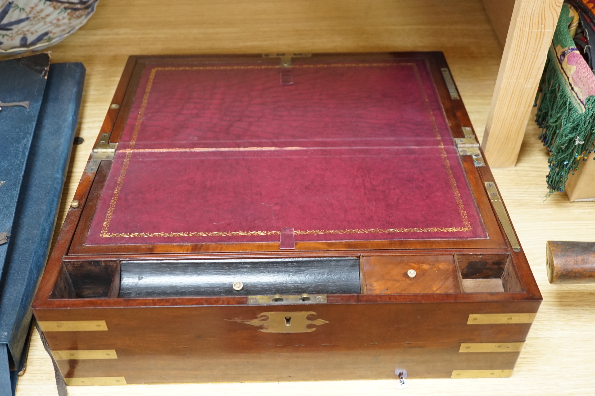 A Victorian brass bound mahogany writing slope, 45cm wide